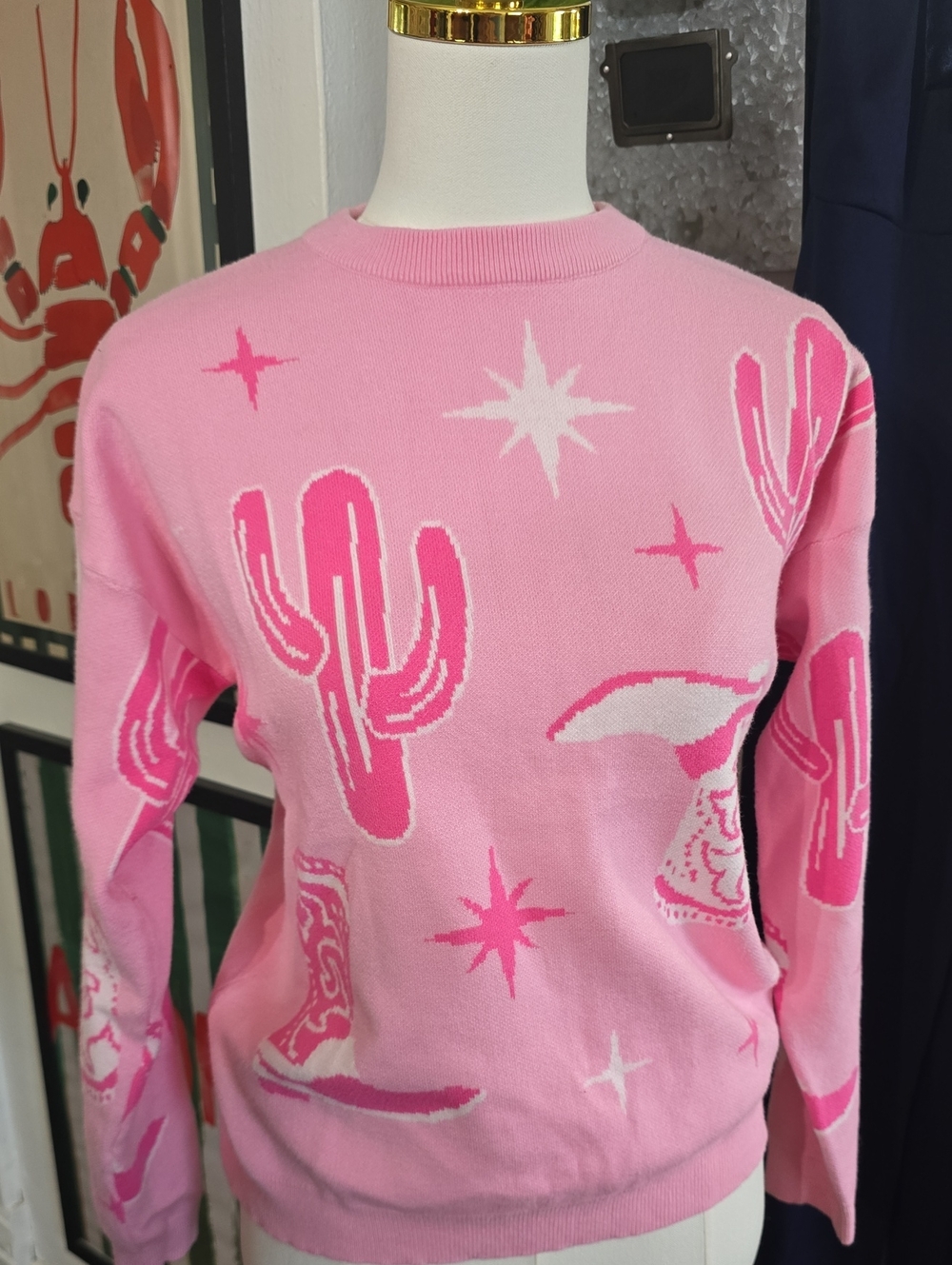 Staccato Pink Cactus & Boot Western Crewneck Sweater Nwot Medium
